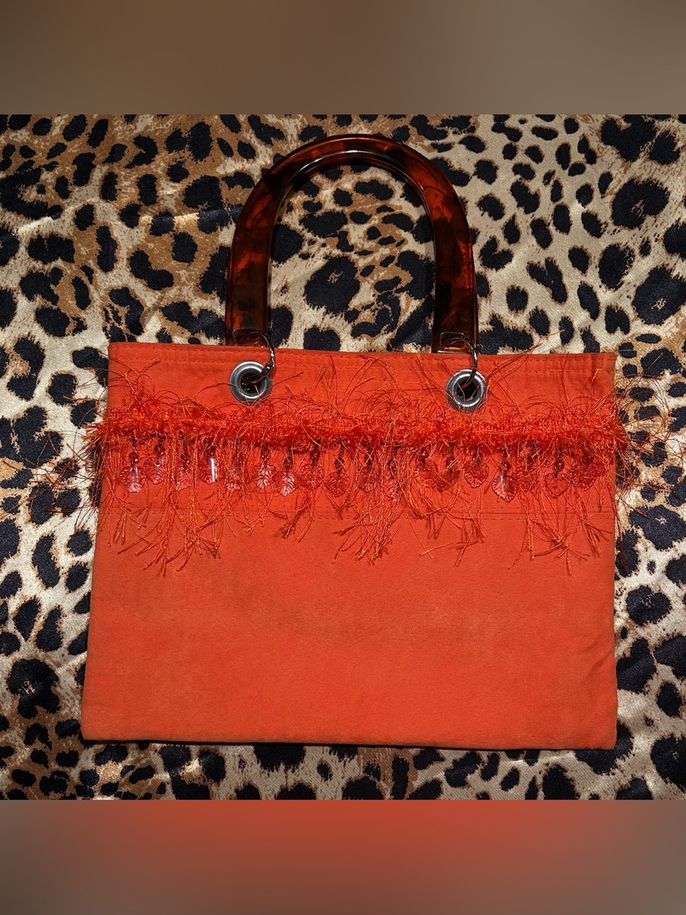 Vintage Y2K Orange Faux Suede Tote Bag with Beaded Fringe Trim